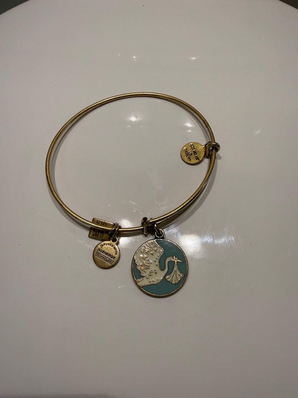 Alex and Ani Gold-Tone Teal stork Charm Bangle Bracelet